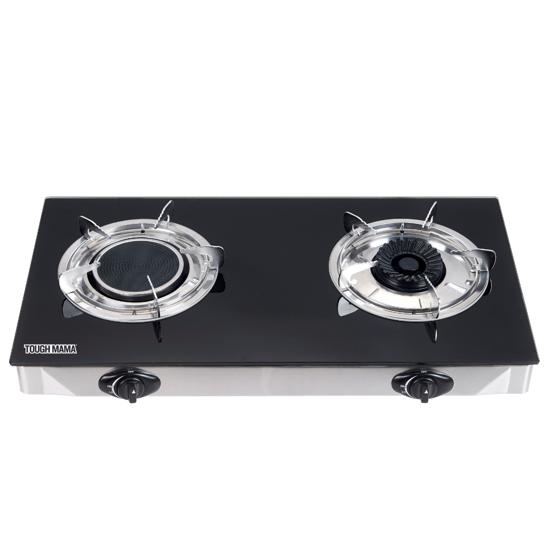 Tough Mama NTMGHB-3 Gas Stove Dual Flame Infrared & Cast Iron Burner Tempered Glass Equal Heating
