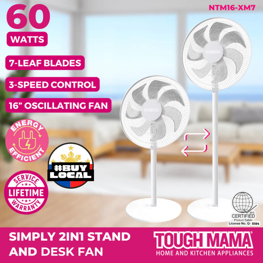 Tough Mama NTM16-XM7-WHITE Simply 2-in-1 Stand and Desk Fan White 7 Blades